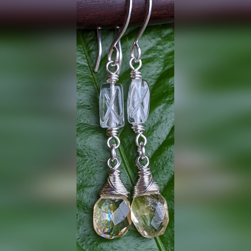 Sterling Silver Citrine Drop Earrings With Carved Clear Quartz Gems - Picture 8 of 13